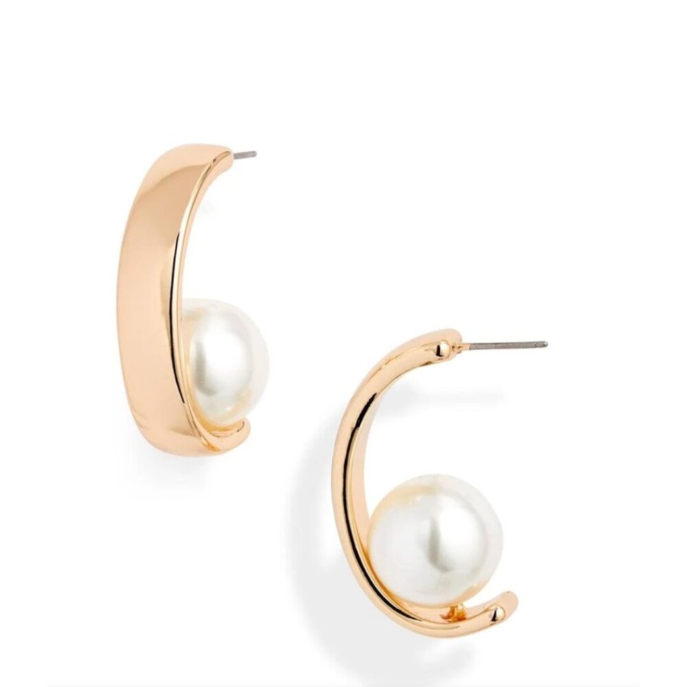 Open Edit Half Hoop Gold Color Earrings W White Faux Pearl